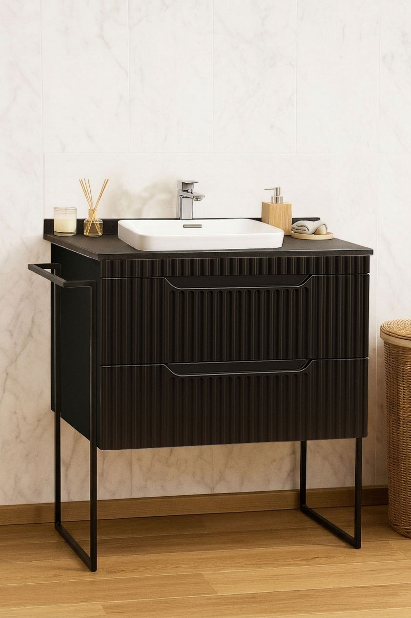 Mobilier Baie MDF cu blat compozit și lavoar ceramică, Seria 633, Cadru Metalic, cu Sertare, 80cm, Negru