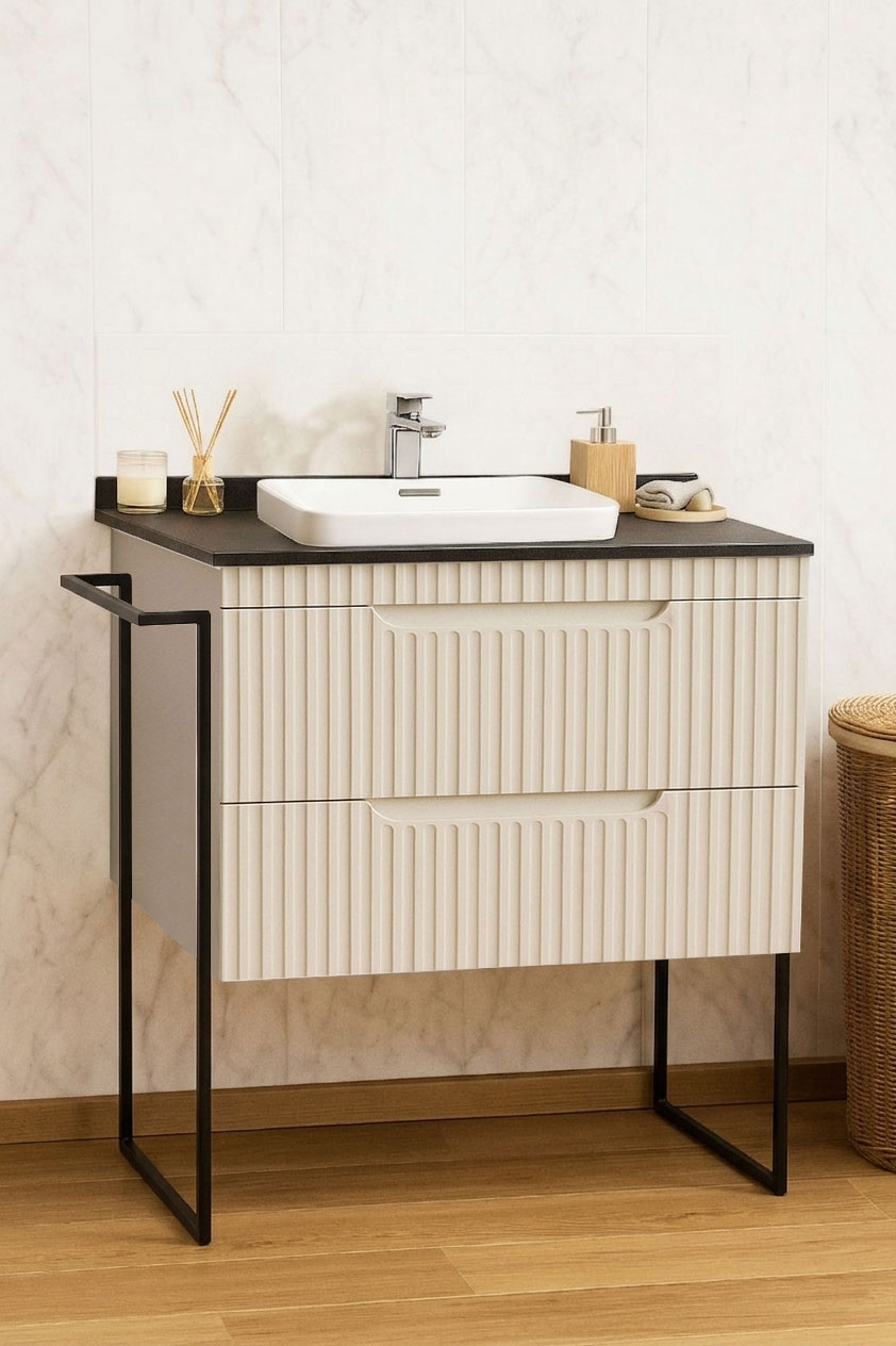 Mobilier Baie MDF cu blat compozit și lavoar ceramică, Seria 633, Cadru Metalic, cu Sertare, 80cm, Crem