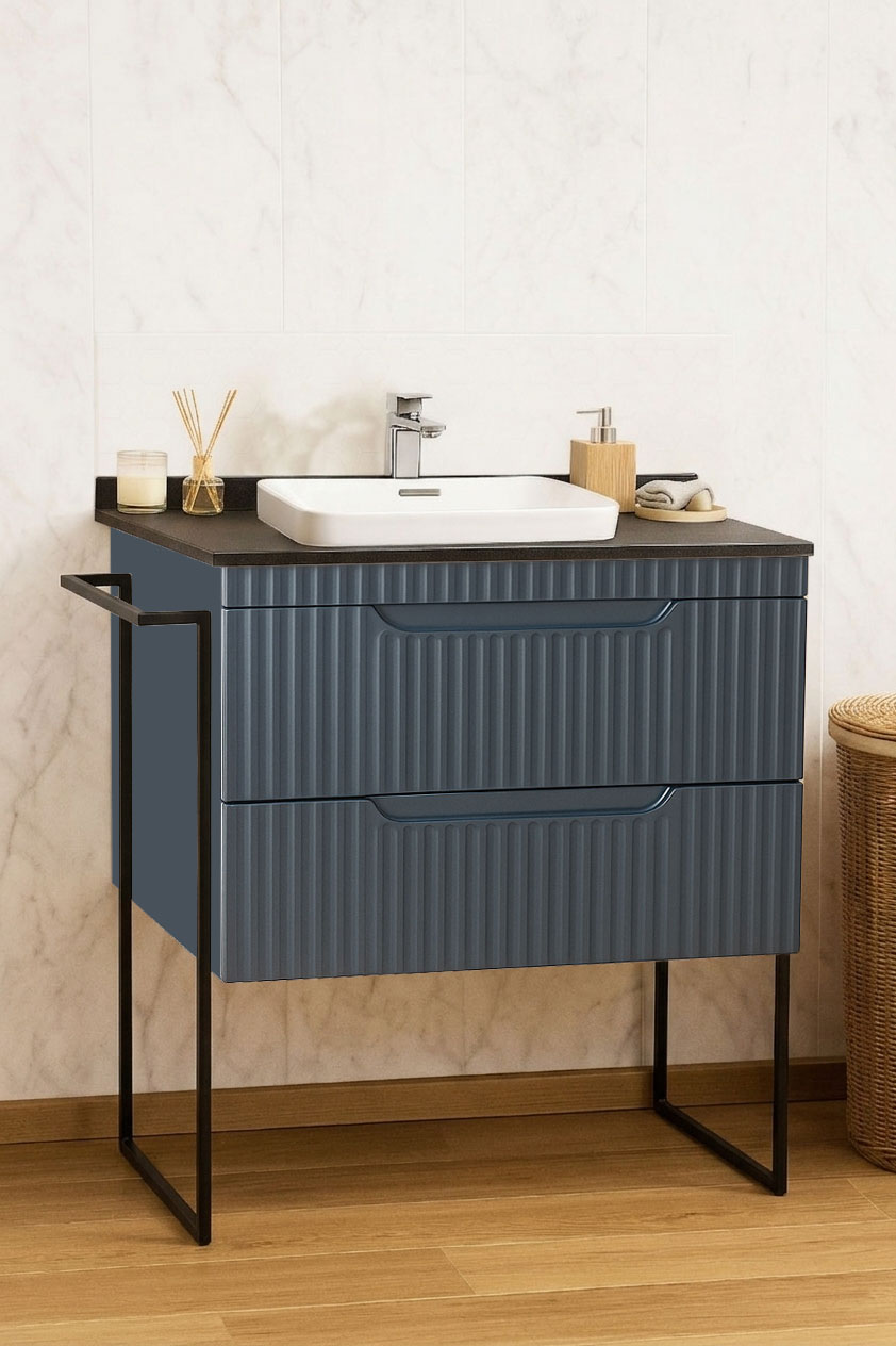 Mobilier Baie MDF cu blat compozit și lavoar ceramică, Seria 633, Cadru Metalic, cu Sertare, 80cm, Antracit