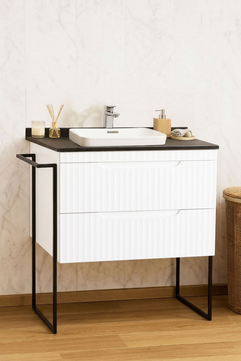 Mobilier Baie MDF cu blat compozit și lavoar ceramică, Seria 633, Cadru Metalic, cu Sertare, 80cm, Alb Rustic