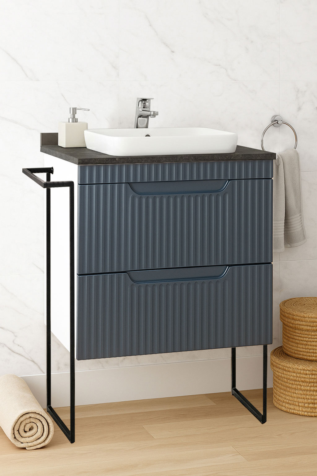 Mobilier Baie MDF KIT cu blat compozit și lavoar, Seria 633, Cadru Metalic, cu Sertare, 60cm, Antracit