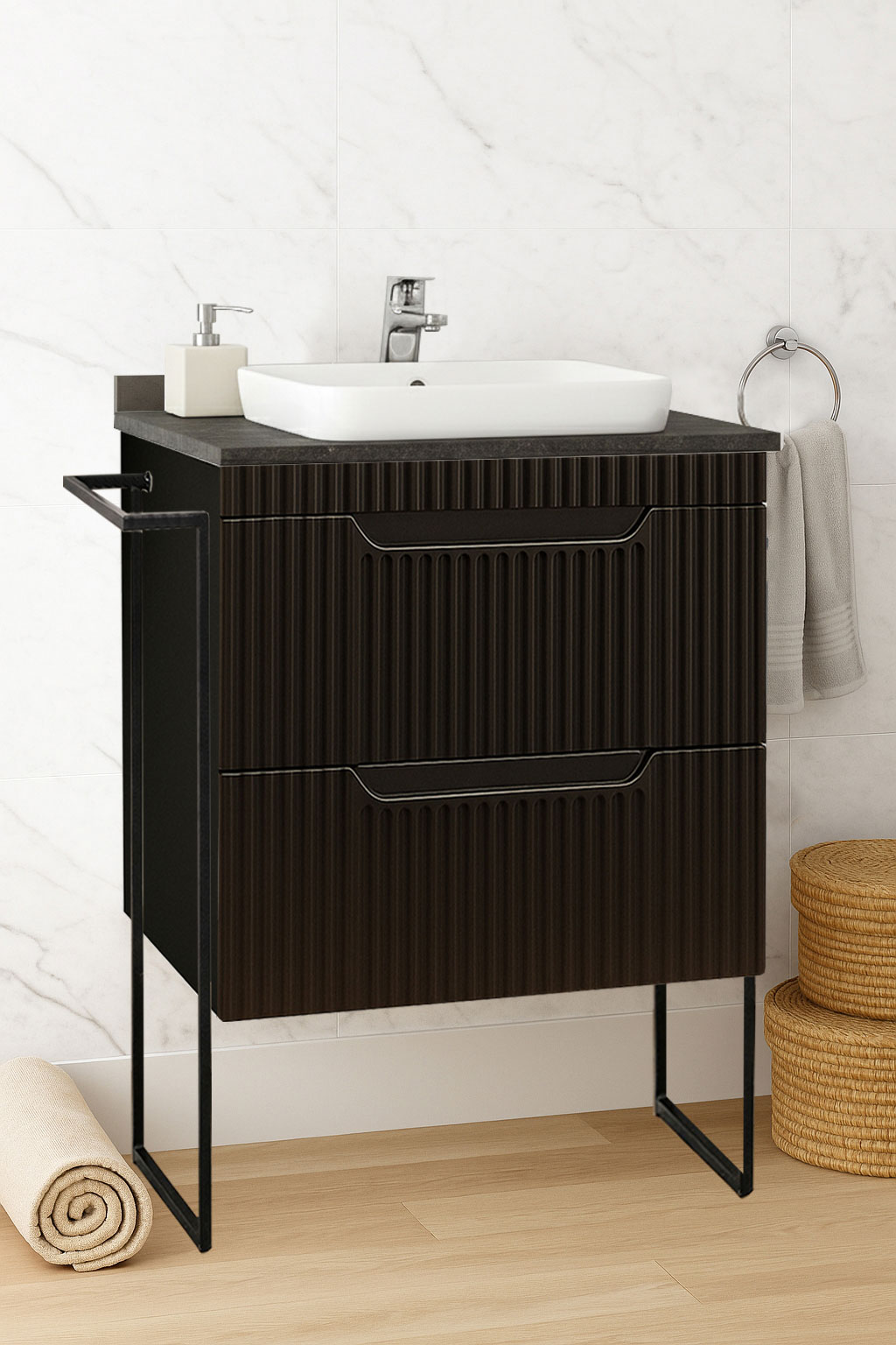 Mobilier Baie MDF cu blat compozit și lavoar, Seria 633, Cadru Metalic, cu Sertare, 60cm, Negru