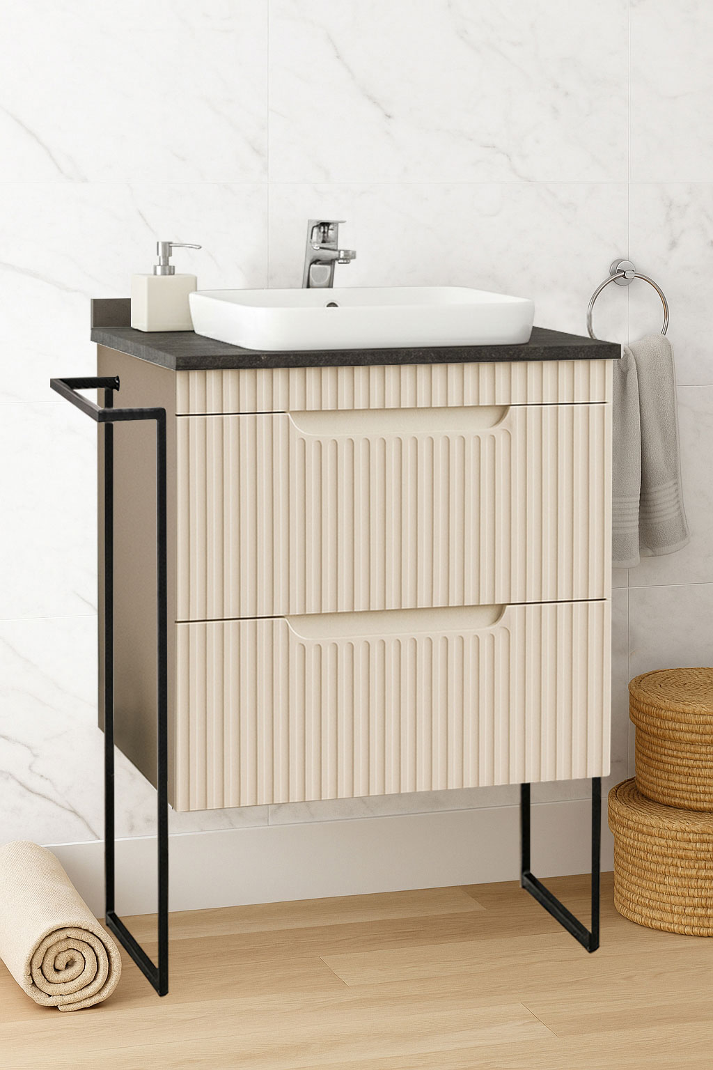 Mobilier Baie MDF cu blat compozit și lavoar, Seria 633, Cadru Metalic, cu Sertare, 60cm, Crem