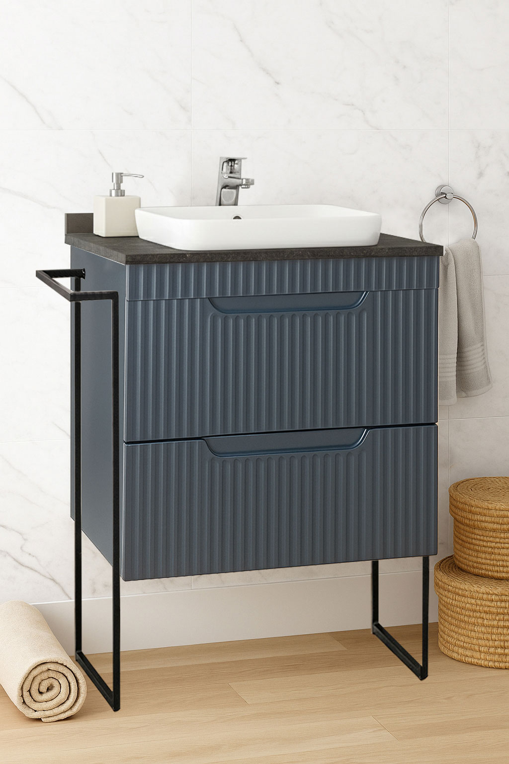 Mobilier Baie MDF cu blat compozit și lavoar, Seria 633, Cadru Metalic, cu Sertare, 60cm, Antracit