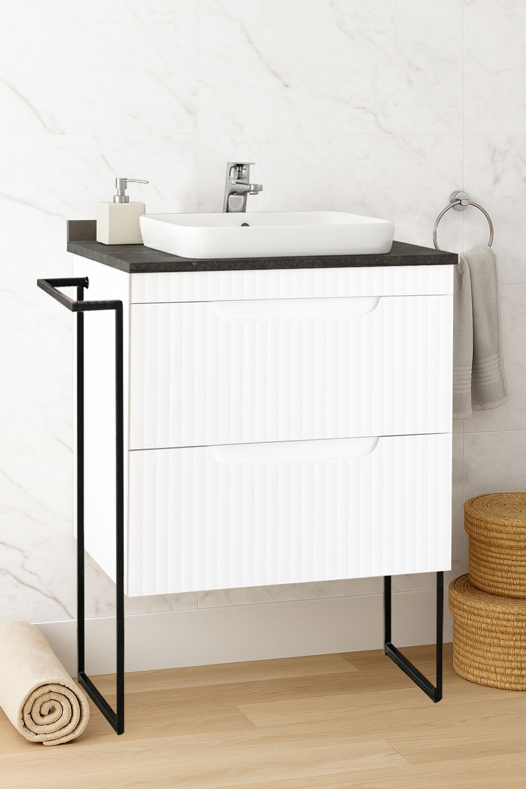 Mobilier Baie MDF cu blat compozit și lavoar, Seria 633, Cadru Metalic, cu Sertare, 60cm, Alb Rustic