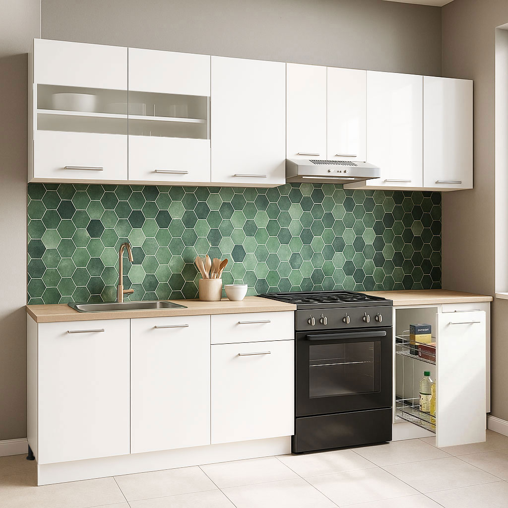 Mobilier de Bucătărie Set, Germania, Corp Jolly, blat gros, amortizare, 240cm, Alb