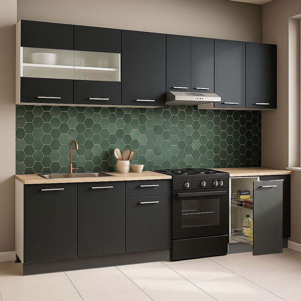Mobilier de Bucătărie Set, Germania, Corp Jolly, blat gros, amortizare, 240cm, Antracit