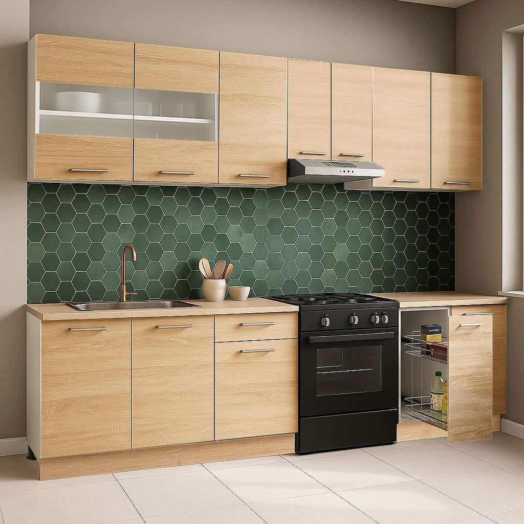 Mobilier de Bucătărie Set, Germania, Corp Jolly, blat gros, amortizare, 240cm, Sonoma