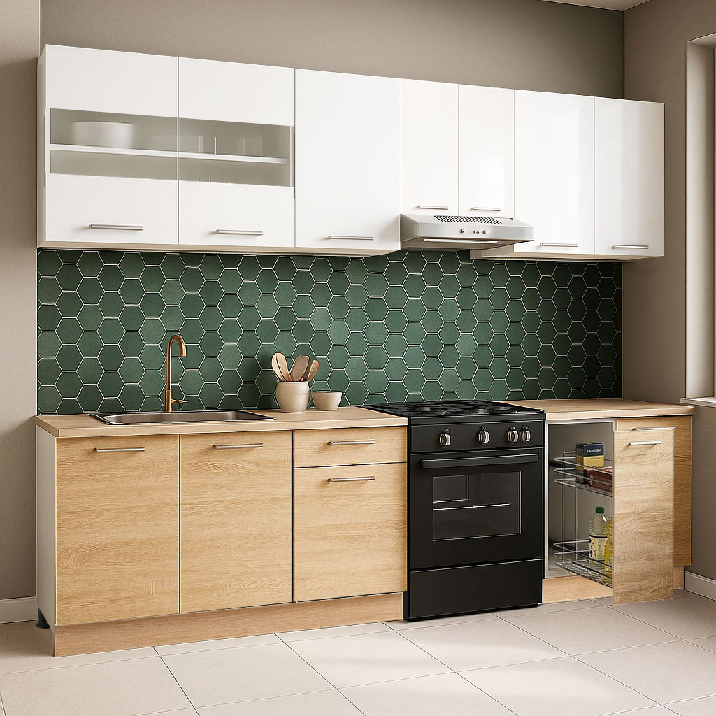 Mobilier de Bucătărie Set, Germania, Corp Jolly, blat gros, amortizare, 240cm, Sonoma/Alb