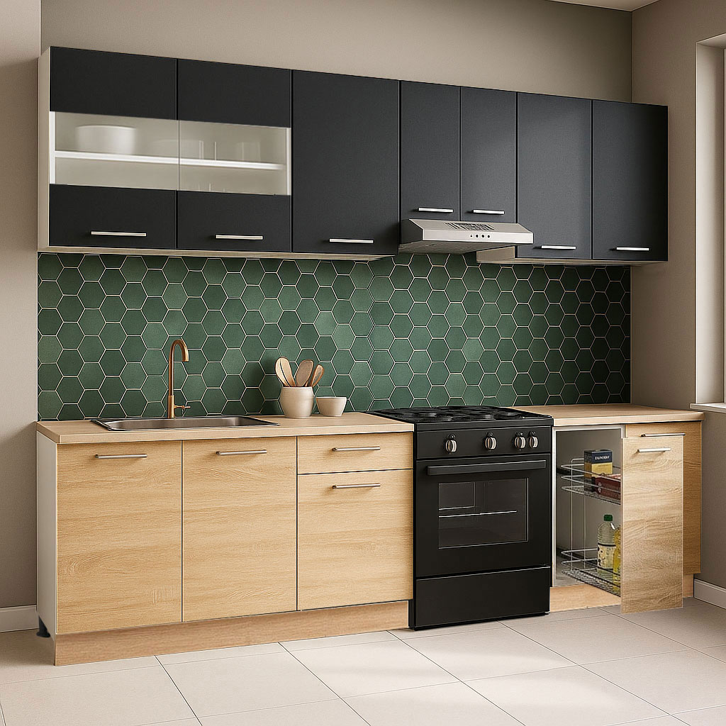 Mobilier de Bucătărie Set, Germania, Corp Jolly, blat gros, amortizare, 240cm, Sonoma/Antracit