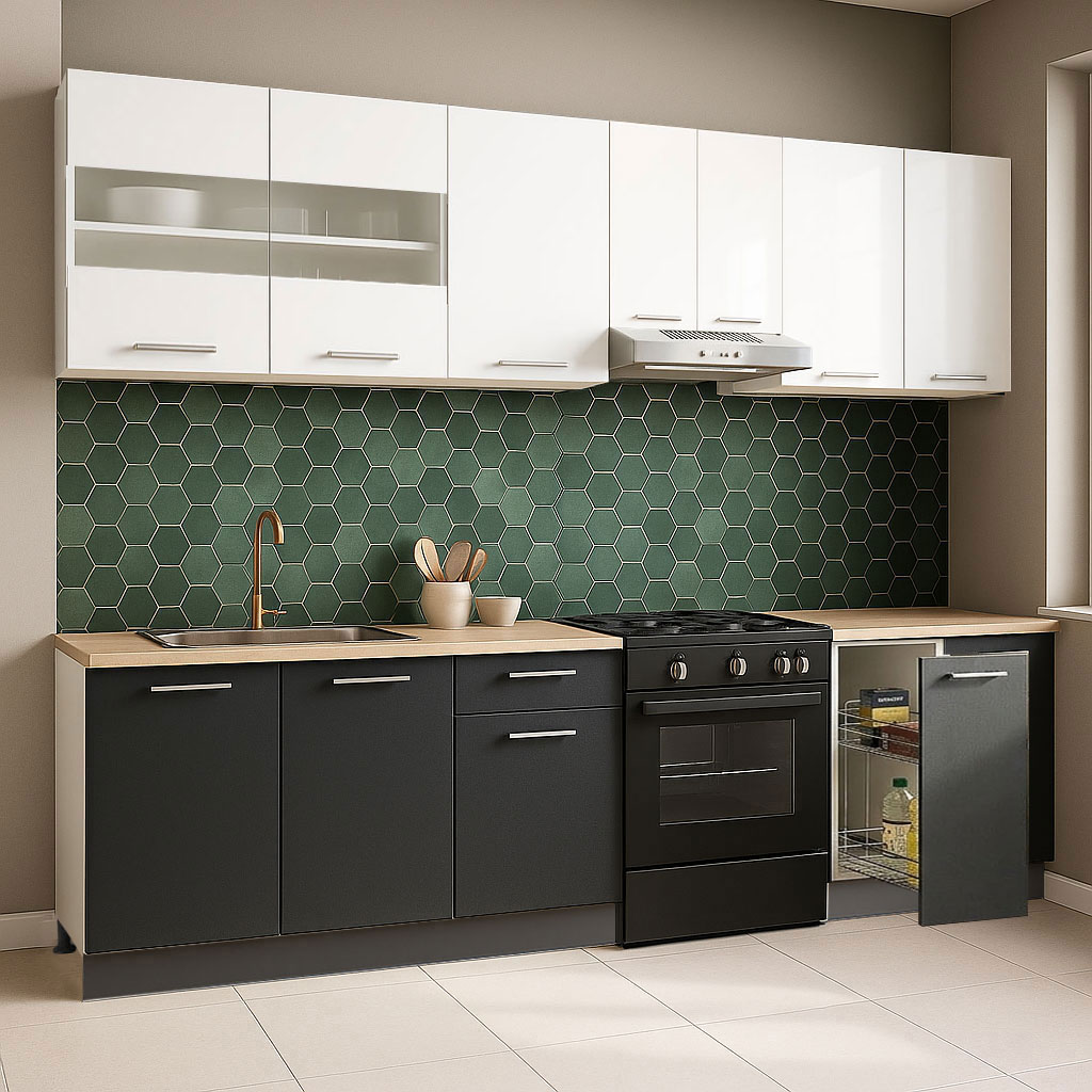 Mobilier de Bucătărie Set, Germania, Corp Jolly, blat gros, amortizare, 240cm, Antracit/Alb