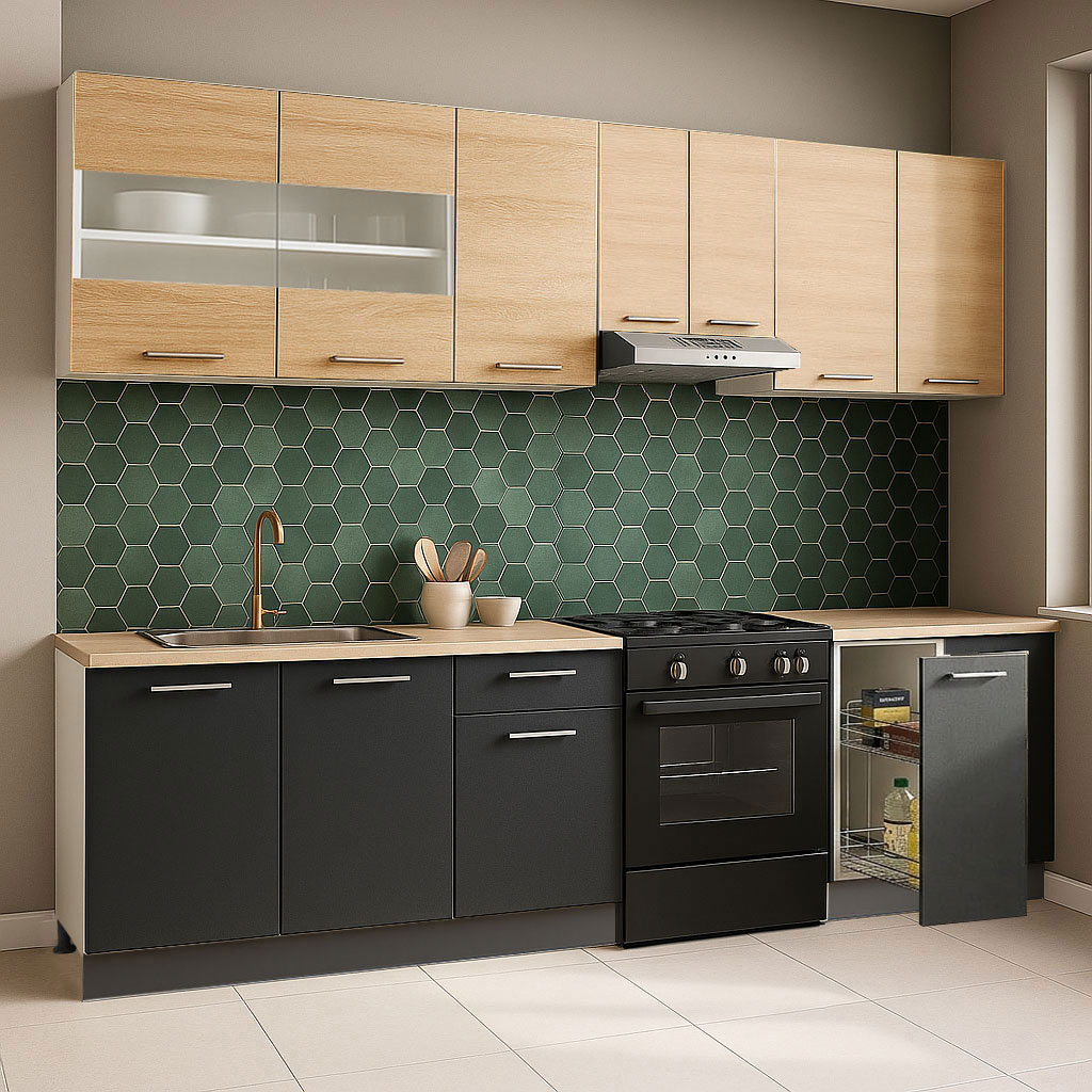 Mobilier de Bucătărie Set, Germania, Corp Jolly, blat gros, amortizare, 240cm, Antracit/Sonoma