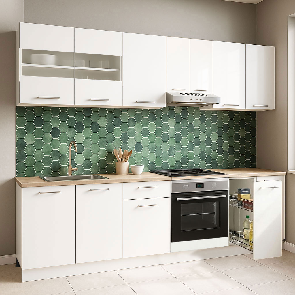 Mobilier de Bucătărie Set, Germania, Corp cuptor și Corp Jolly, blat gros, amortizare, 240cm, Alb