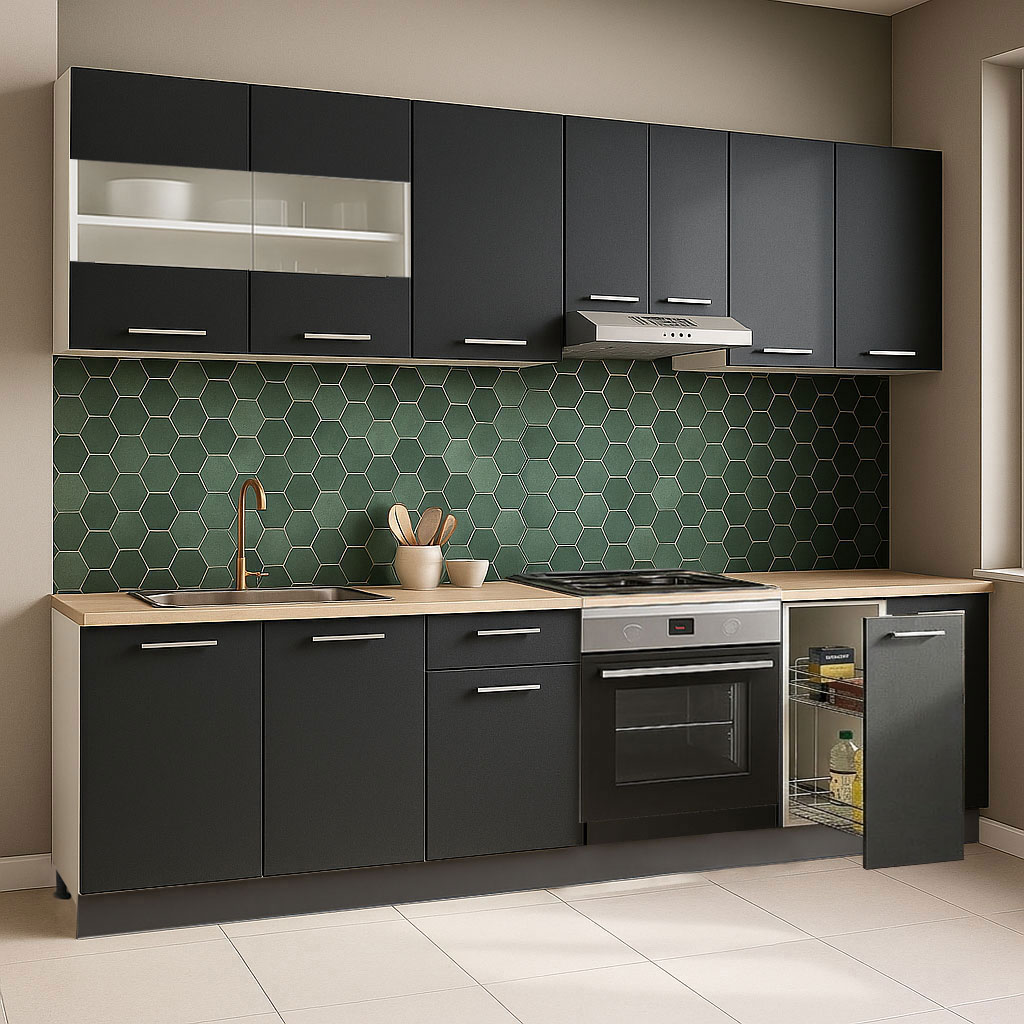 Mobilier de Bucătărie Set, Germania, Corp cuptor și Corp Jolly, blat gros, amortizare, 240cm, Antracit