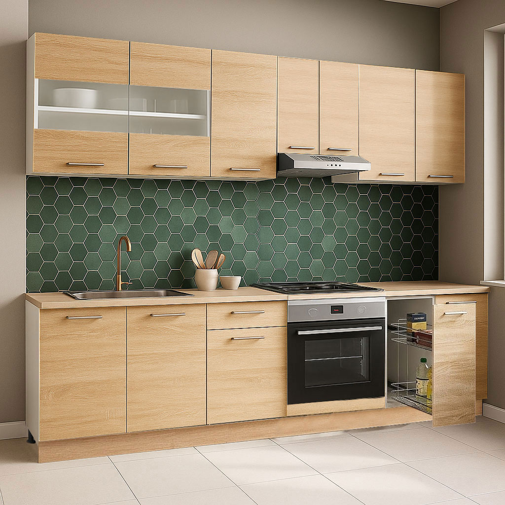 Mobilier de Bucătărie Set, Germania, Corp cuptor și Corp Jolly, blat gros, amortizare, 240cm, Sonoma