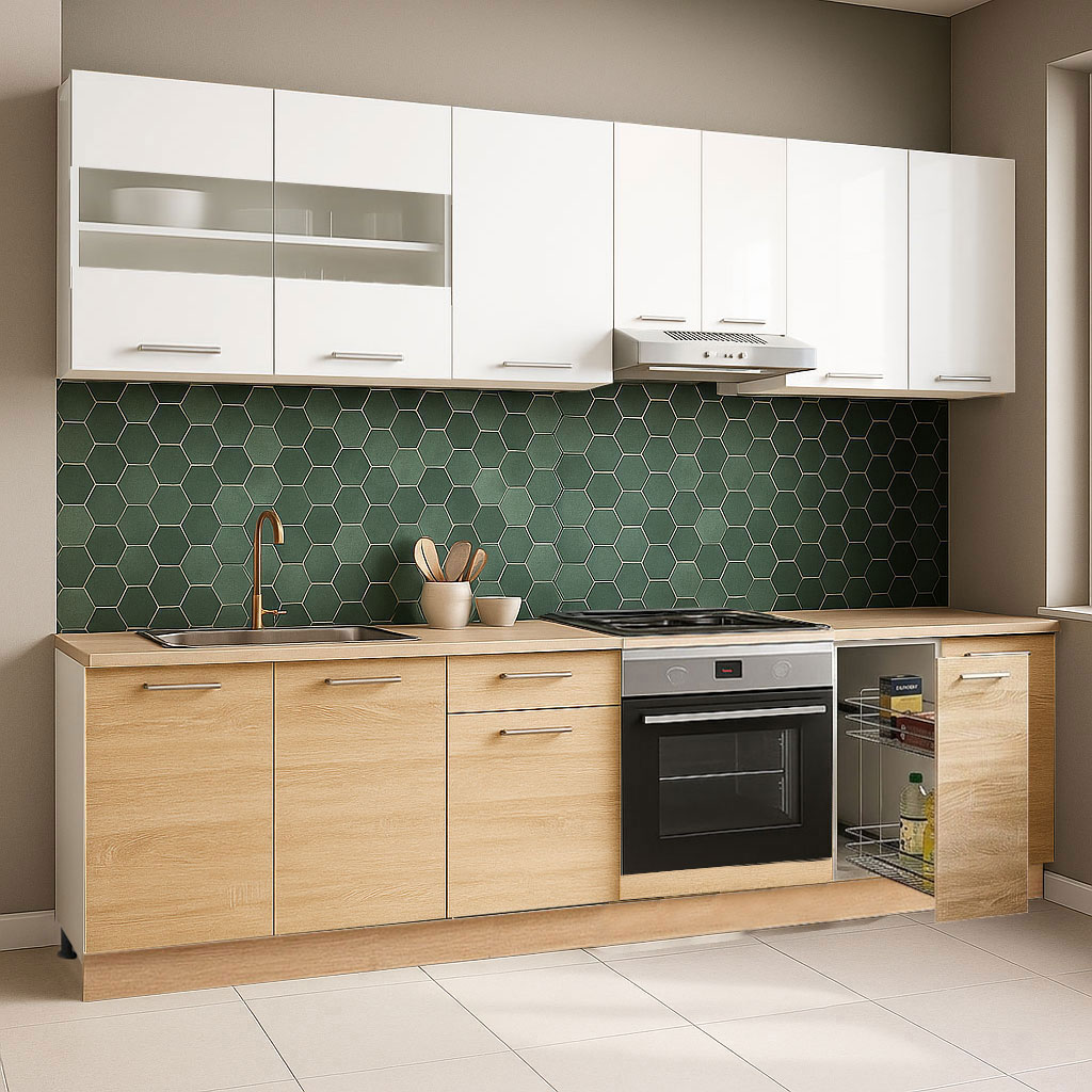 Mobilier de Bucătărie Set, Germania, Corp cuptor și Corp Jolly, blat gros, amortizare, 240cm, Sonoma/Alb