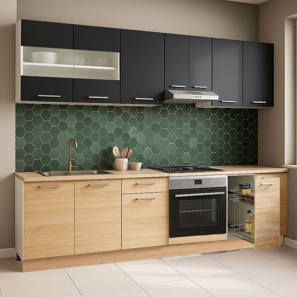 Mobilier de Bucătărie Set, Germania, Corp cuptor și Corp Jolly, blat gros, amortizare, 240cm, Sonoma/Antracit