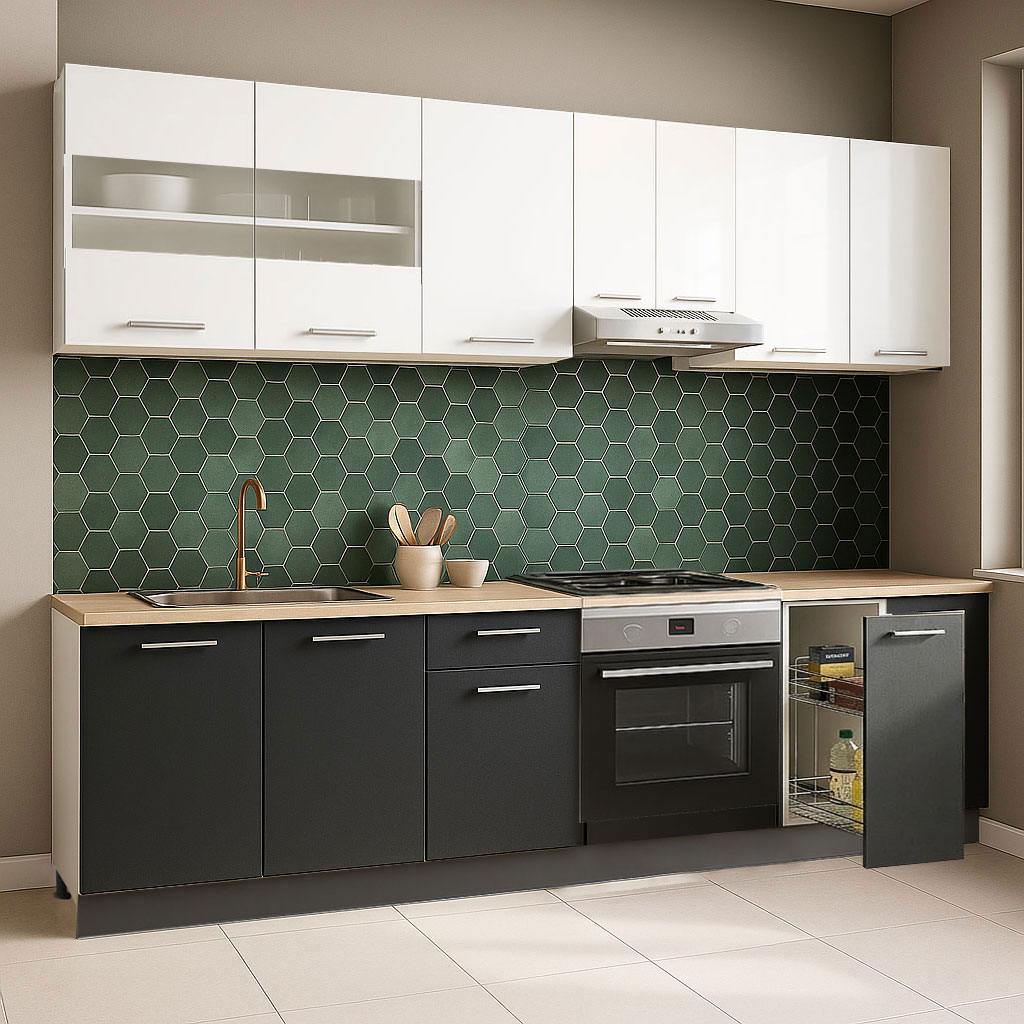 Mobilier de Bucătărie Set, Germania, Corp cuptor și Corp Jolly, blat gros, amortizare, 240cm, Antracit/Alb