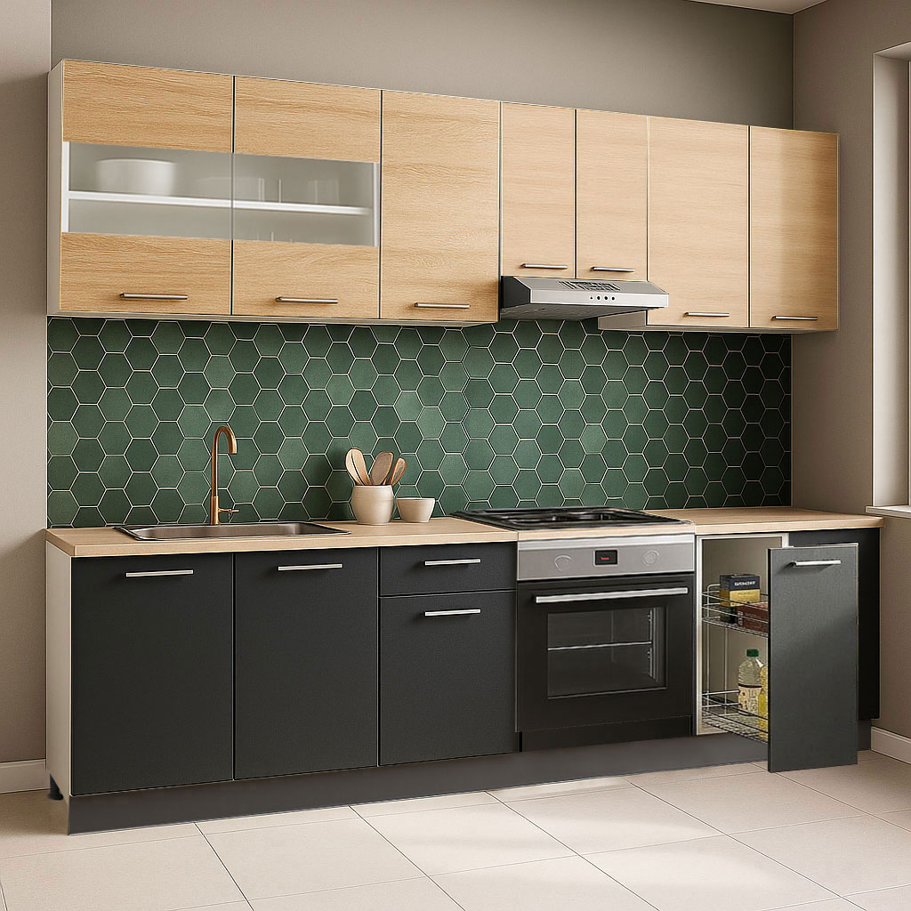 Mobilier de Bucătărie Set, Germania, Corp cuptor și Corp Jolly, blat gros, amortizare, 240cm, Antracit/Sonoma