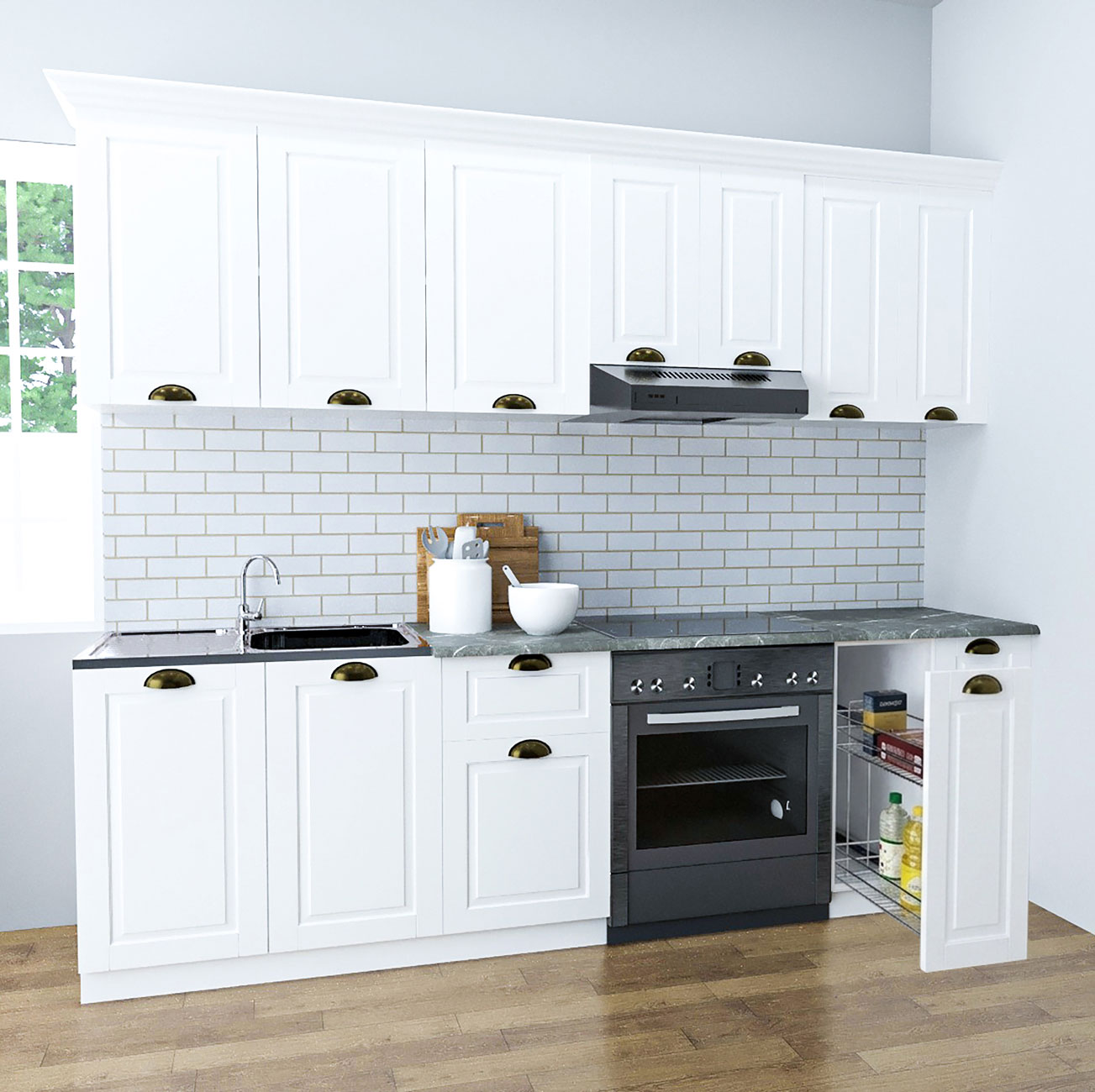 Mobilier bucătărie MDF Set, Square, Corp Jolly, 240cm, Alb Rustic