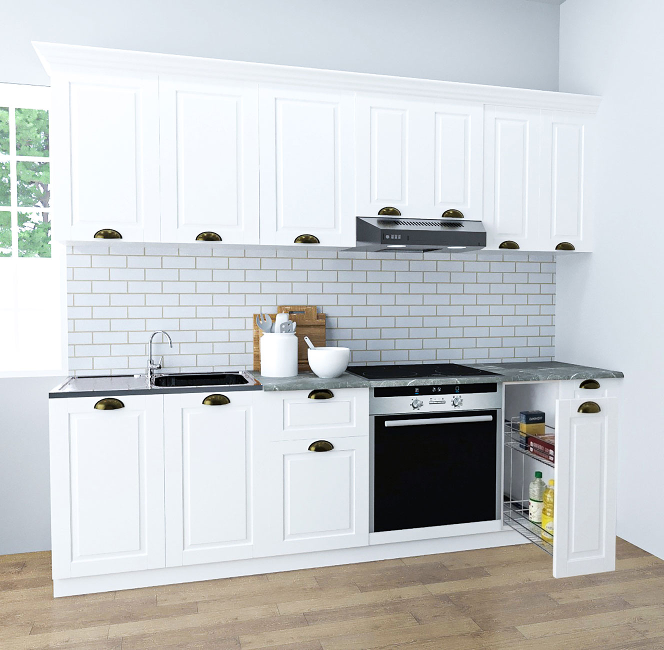 Mobilier bucătărie MDF Set, Square, Corp cuptor și Corp Jolly, 240cm, Alb Rustic