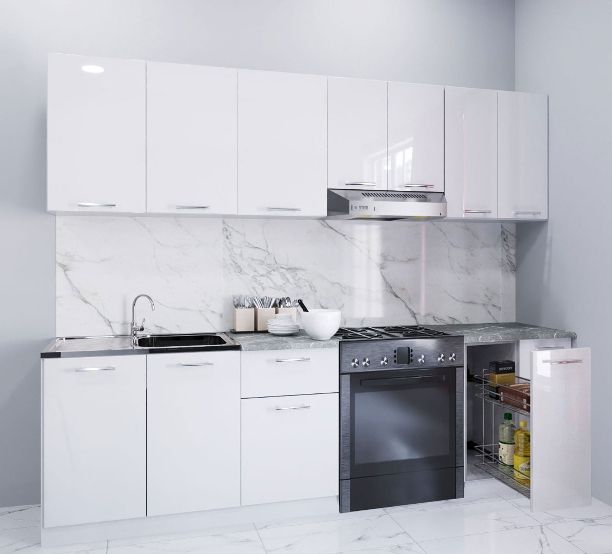 Mobilier bucătărie Set, Iris, MDF vopsit ultralucios, Corp Jolly, 240cm, Alb