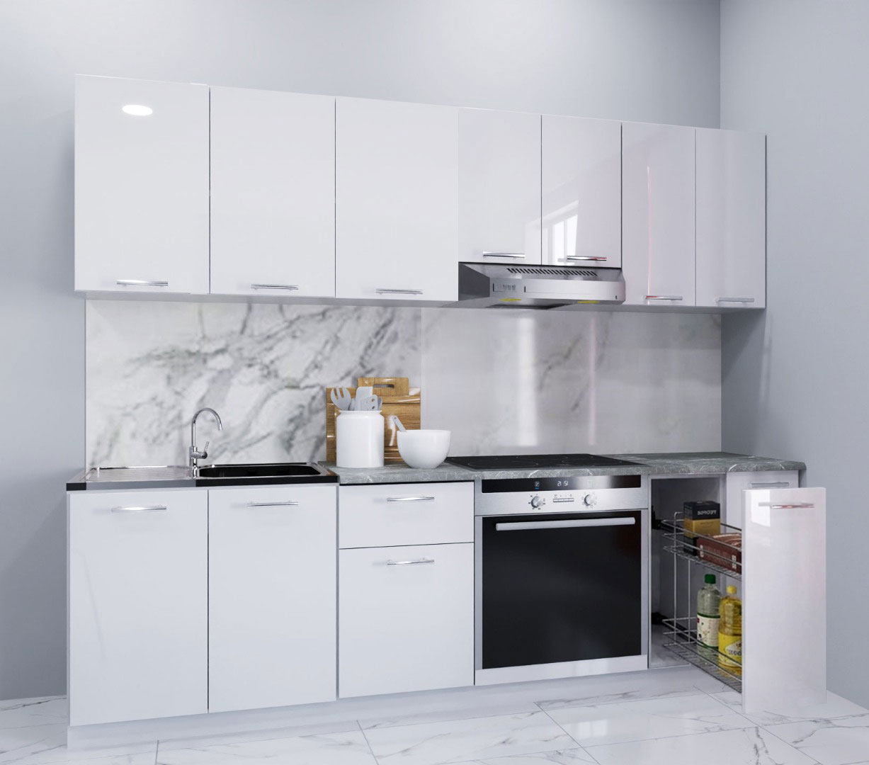 Mobilier bucătărie Set, Iris, MDF vopsit ultralucios, Corp cuptor și Corp Jolly, 240cm, Alb