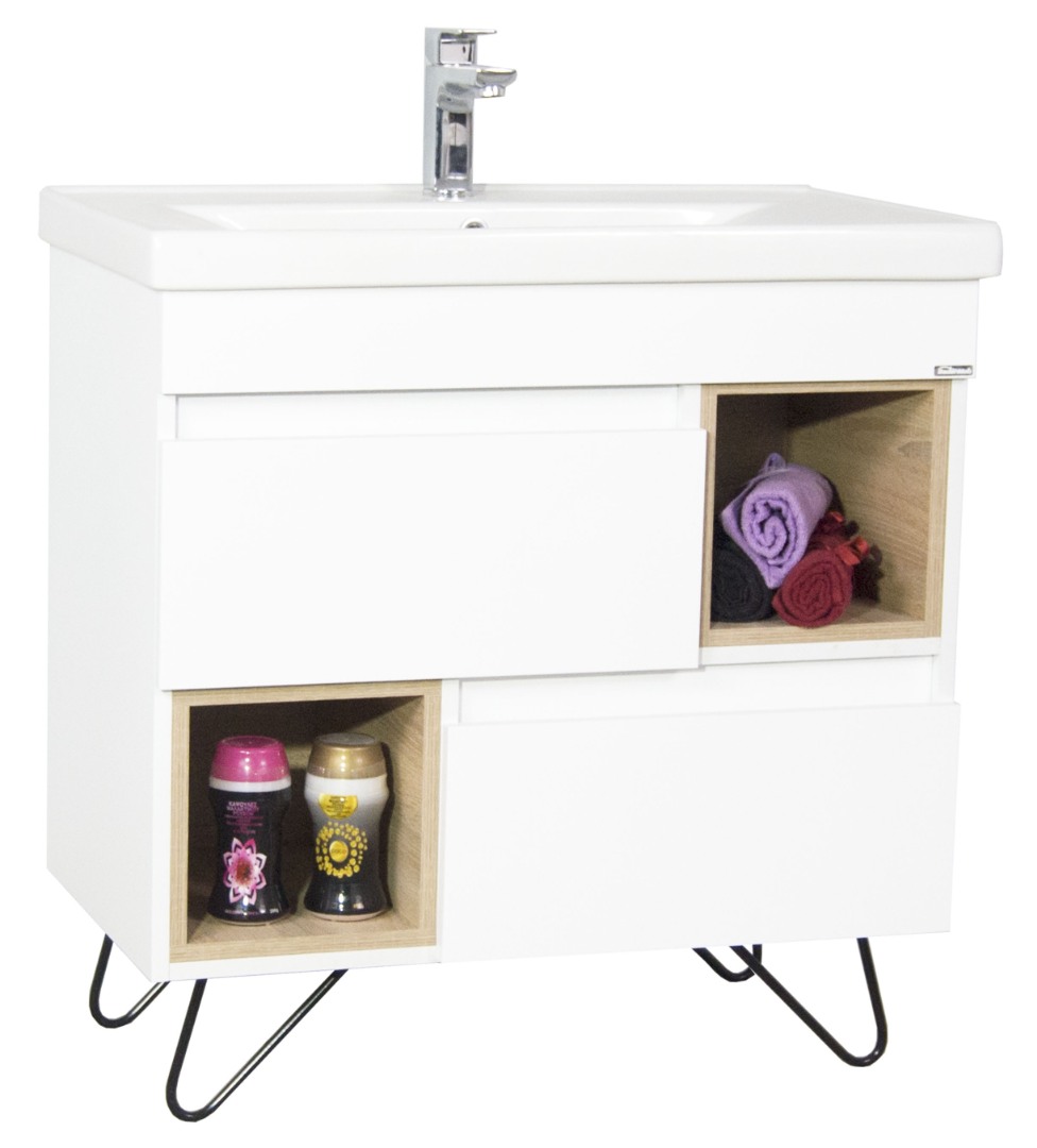 Mobilier Baie MDF și lavoar, Seria 760, Picioare metalice, 80cm, Alb/Sonoma