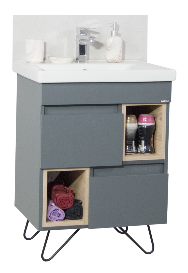 Mobilier Baie MDF și lavoar, Seria 760, Picioare metalice, 60cm, Antracit/Sonoma