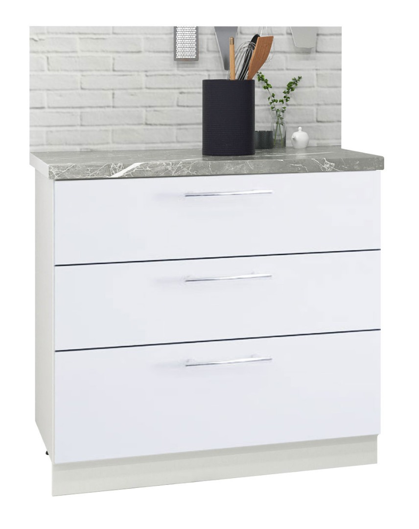 Corp inferior Bucătărie Iris, MDF vopsit, alb ultralucios, 3 sertare