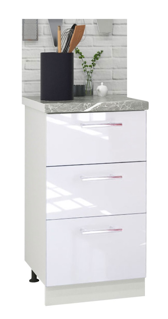 Corp inferior Bucătărie Iris, MDF vopsit, alb ultralucios, 40cm, cu sertare