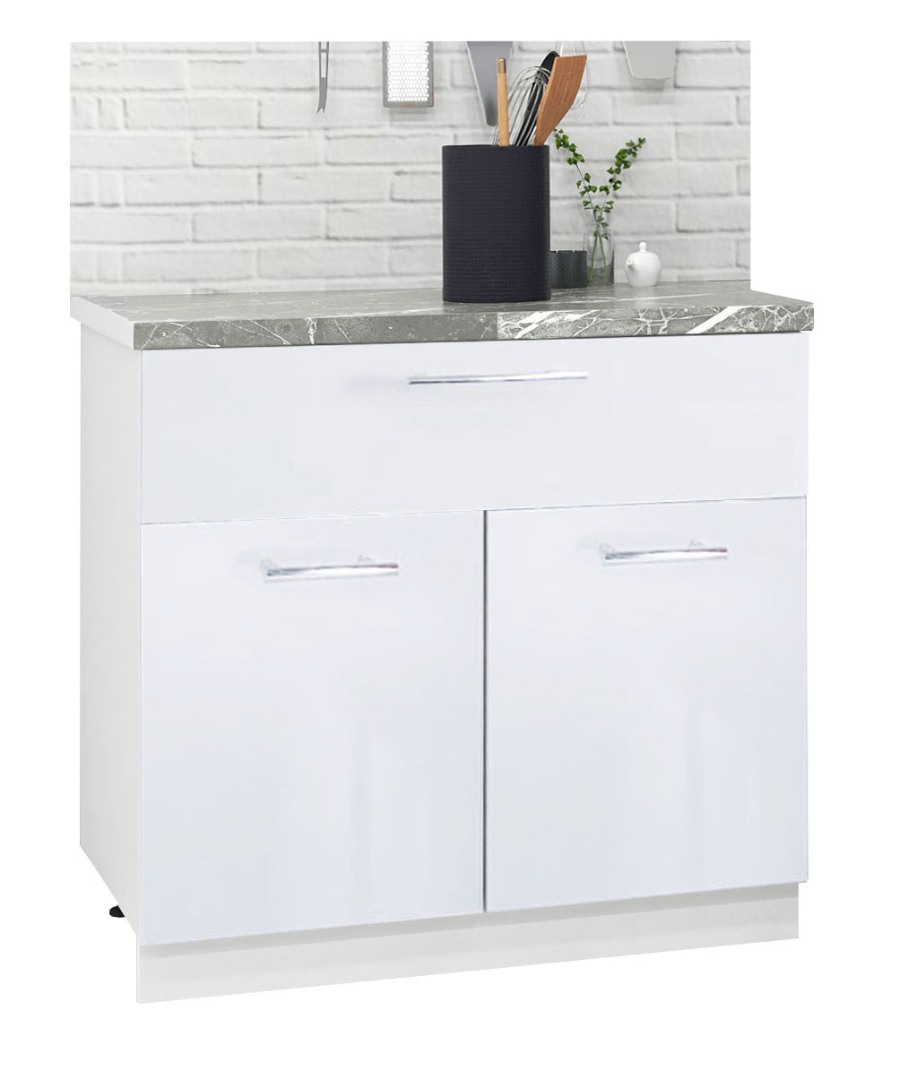 Corp inferior Bucătărie Iris, MDF vopsit, alb ultralucios, 80cm, 2 uși, 1 sertar alb