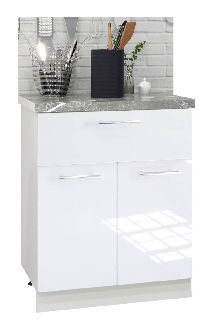 Corp inferior Bucătărie Iris, MDF vopsit, alb ultralucios, 60cm, 2 uși, 1 sertar