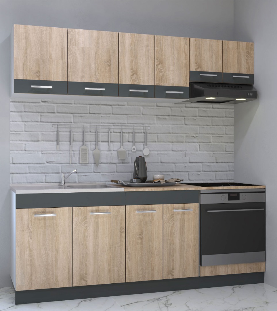 Mobilier de bucătărie PAL Set, Sarona, 200cm, Corp hotă, Sonoma/Antracit