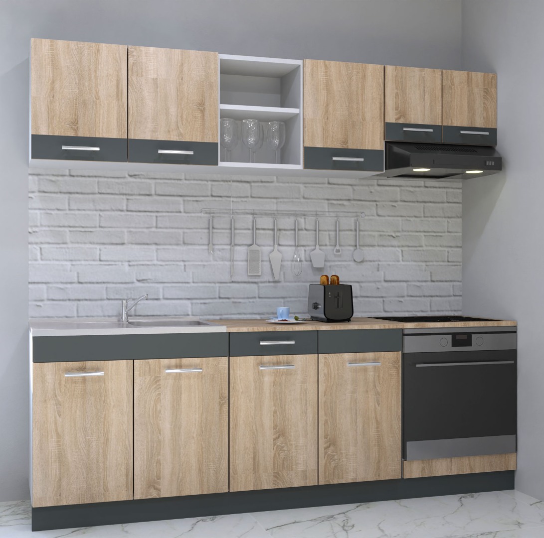Mobilier de bucătărie PAL Set, Sarona, 220cm, Corp hotă, Sonoma/Antracit