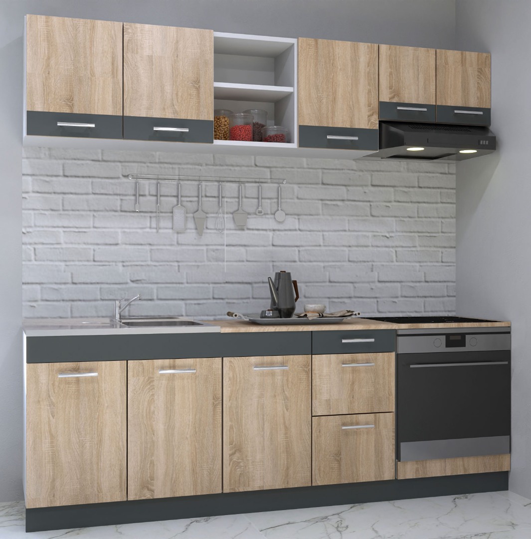 Mobilier de bucătărie PAL Set, Sarona, 220cm, Corp hotă, Sonoma/Antracit