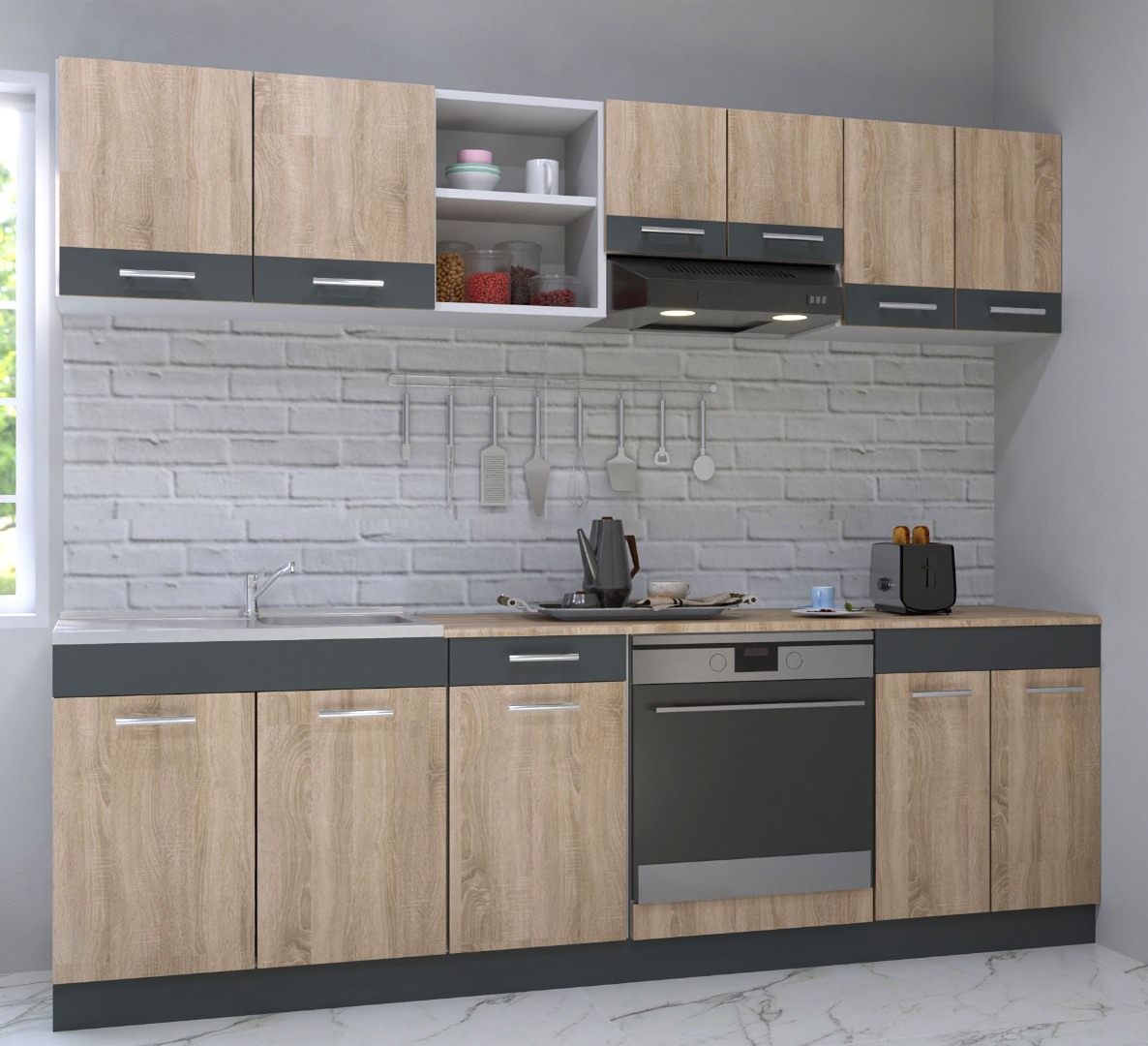 Mobilier de bucătărie PAL Set, Sarona, 240cm, Corp hotă, Sonoma/Antracit