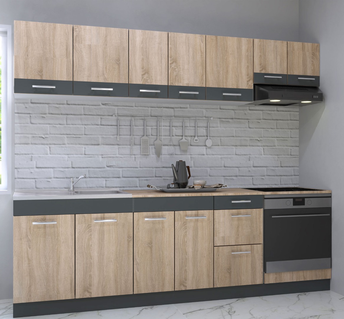 Mobilier de bucătărie PAL Set, Sarona, 240cm, Corp hotă, Sonoma/Antracit