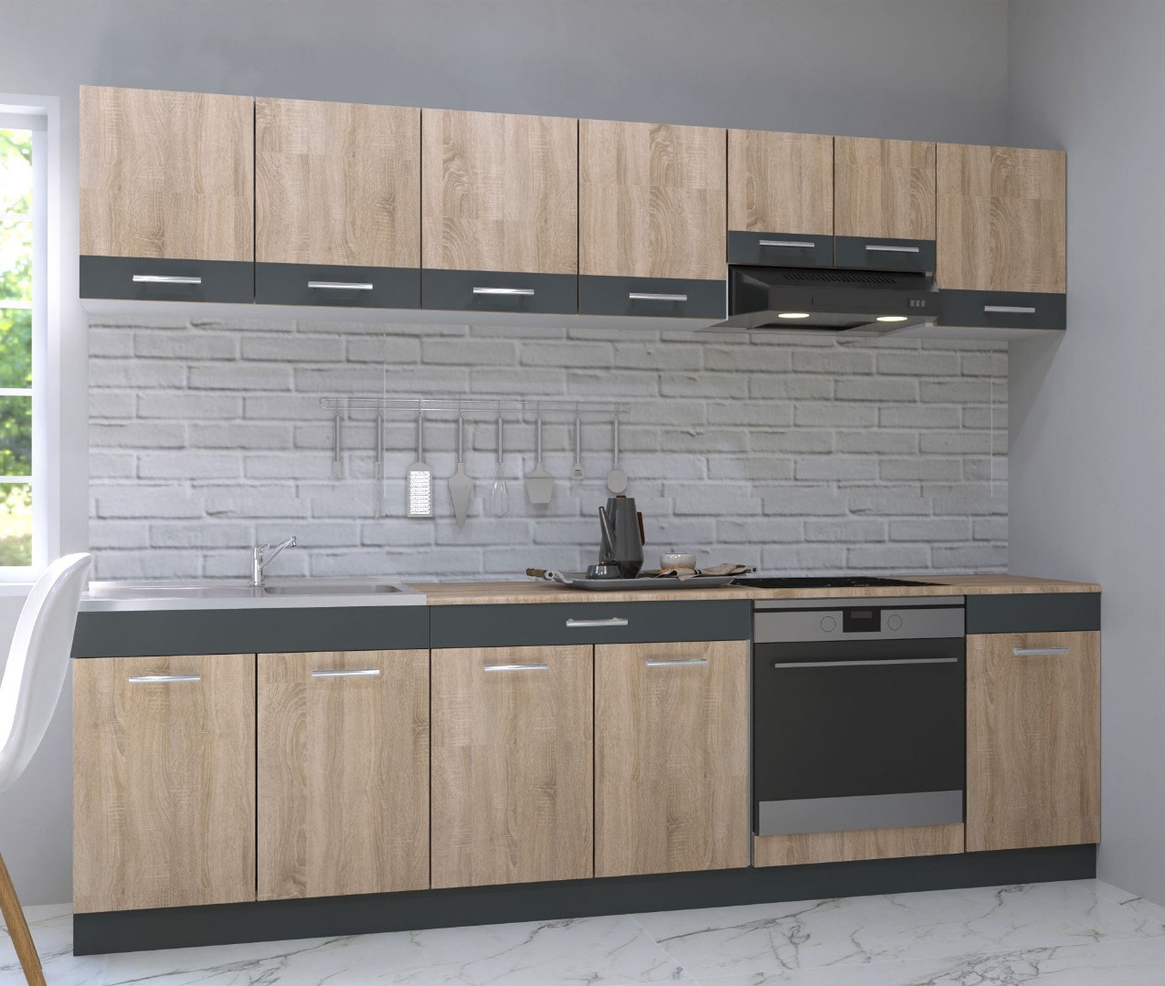 Mobilier de bucătărie PAL Set, Sarona, 260cm, Sonoma/Antracit