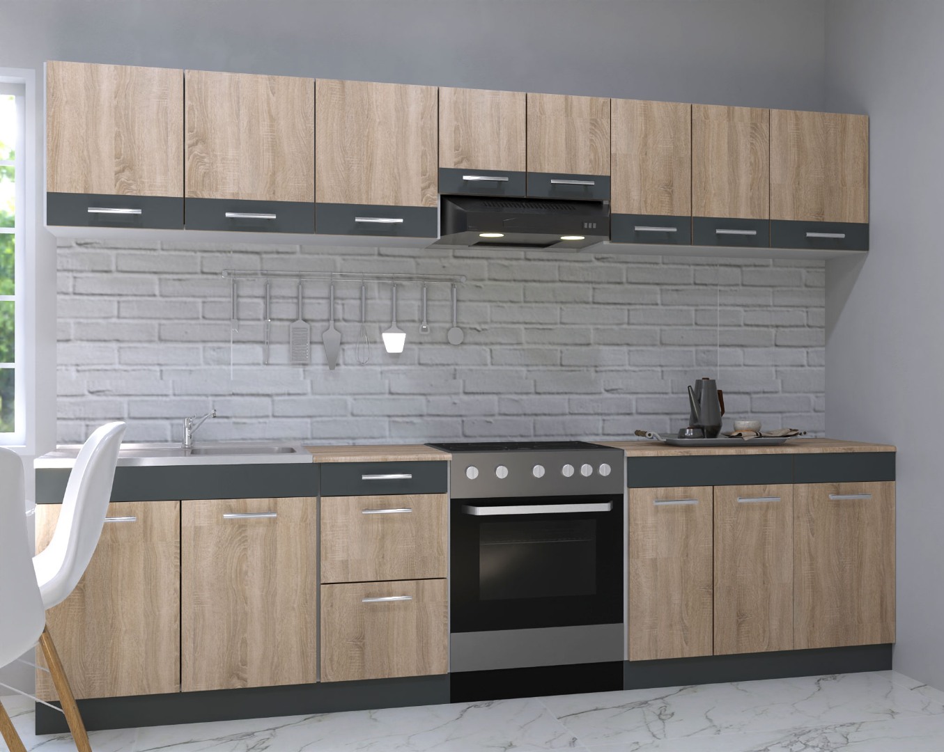 Mobilier de bucătărie PAL Set, Sarona, 280cm, Sonoma/Antracit
