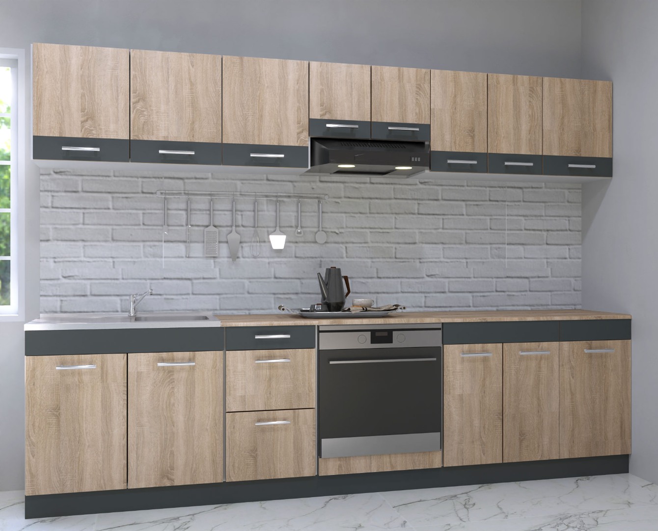 Mobilier de bucătărie PAL Set, Sarona, 280cm, Sonoma/Antracit