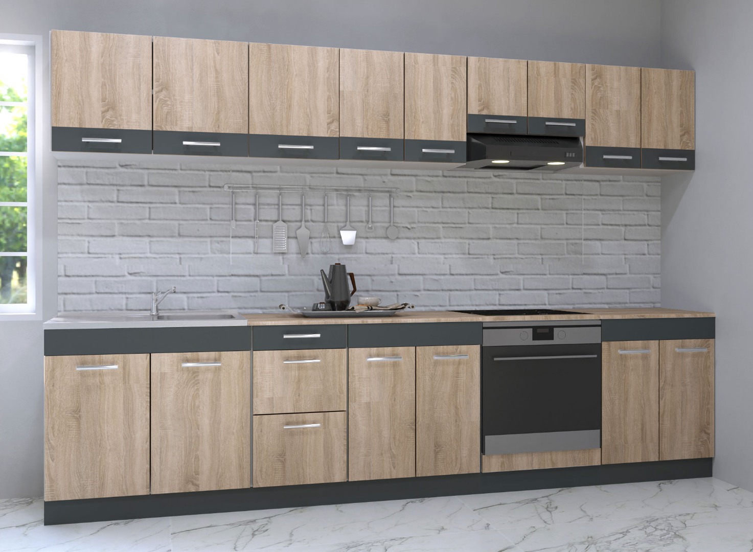 Mobilier de bucătărie PAL Set, Sarona, 300cm, Sonoma/Antracit
